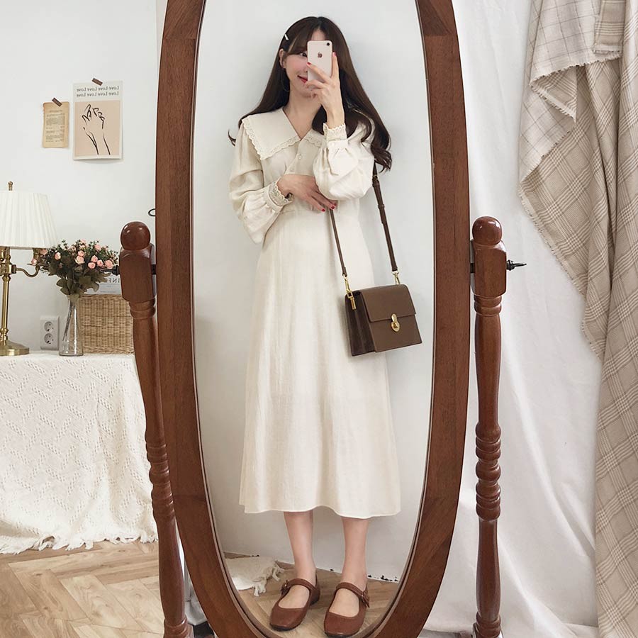 Kumivn SẴN Váy xòe dáng dài cổ bẻ viền ren MORAN Hàn Quốc Thu đông (Order)- có ảnh thật