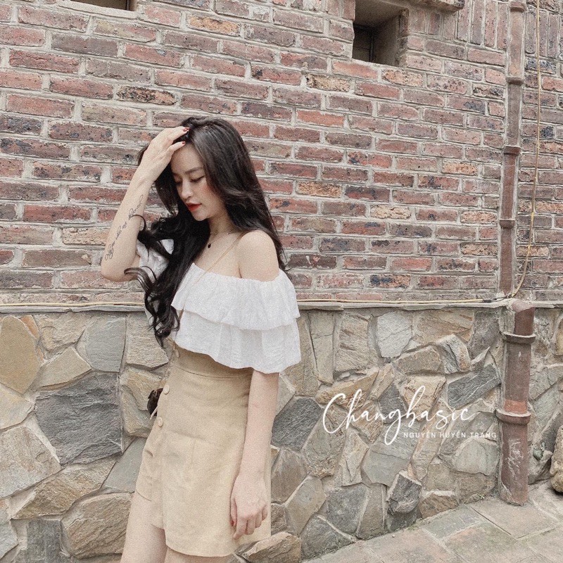 [Siêu Hot] Set Trễ Vai Áo Trắng Mix Chân Váy Kaki Có Ảnh Thật Kèm Video | BigBuy360 - bigbuy360.vn