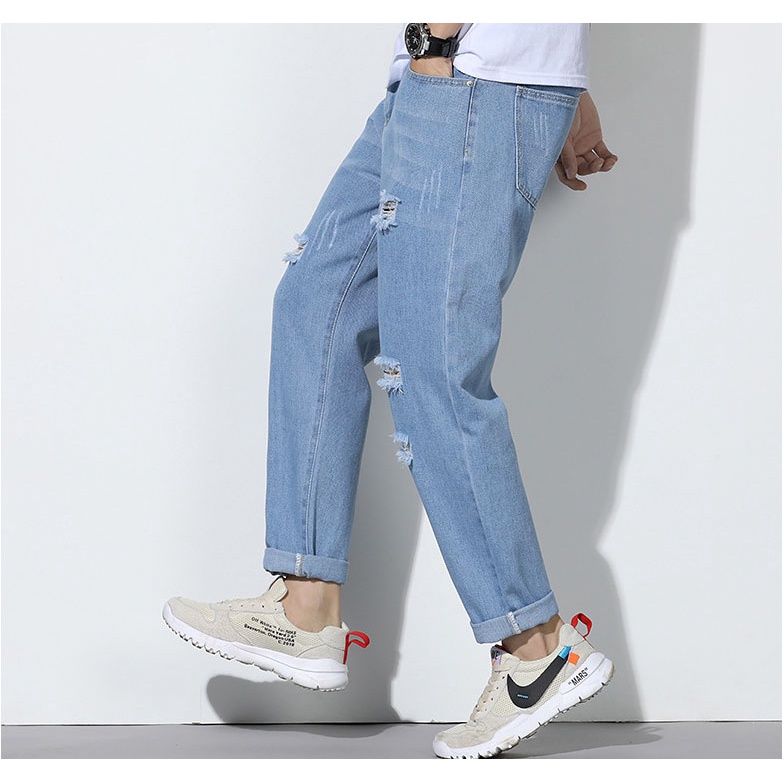 [xả kho] Quần jean rách nam nữ màu xanh baggy mặc hè