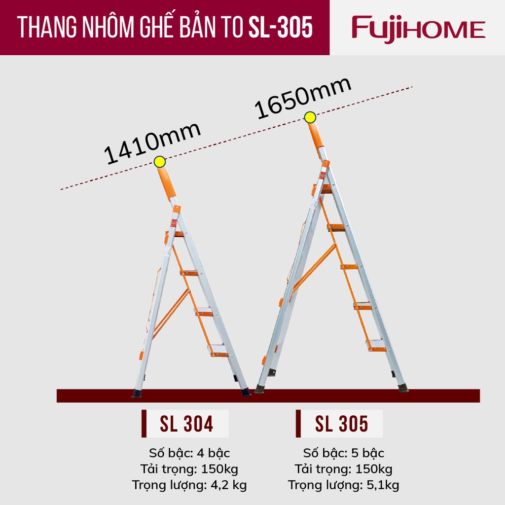 Thang ghế nhôm tay vịn chữ A bản to 4 - 5 - 6 bậc từ 1,4M - 1,9M xếp gọn FUJIHOME, Thang chữ A gia đình đa năng rút gọn