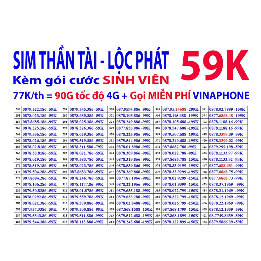 Sim 4G iTel MAY77 Mạng Vinaphone Data 90Gb/Tháng, Gọi Miễn Phí VinaPhone, Free 60 SMS, Sim 4G Giá Rẻ0