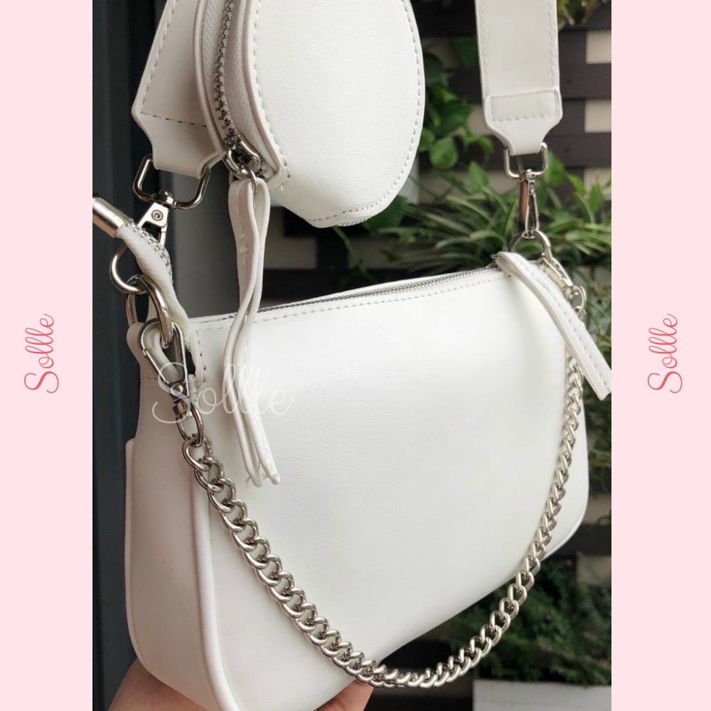 Set Túi bao tử đeo chéo dây xích da PU kèm ví mix nhiều kiểu dễ phối đồ cá tính Sollle