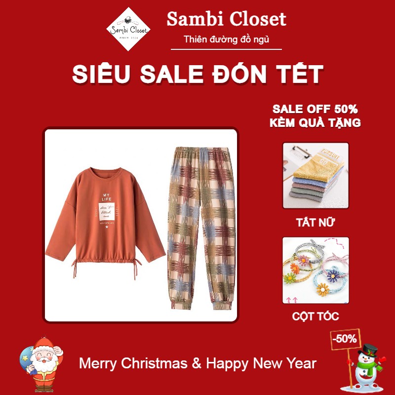 Bộ đồ thu đông nữ Sambi dài tay mặc nhà quần kẻ quần áo ngủ nữ phối hoạ tiết dễ thương | BigBuy360 - bigbuy360.vn