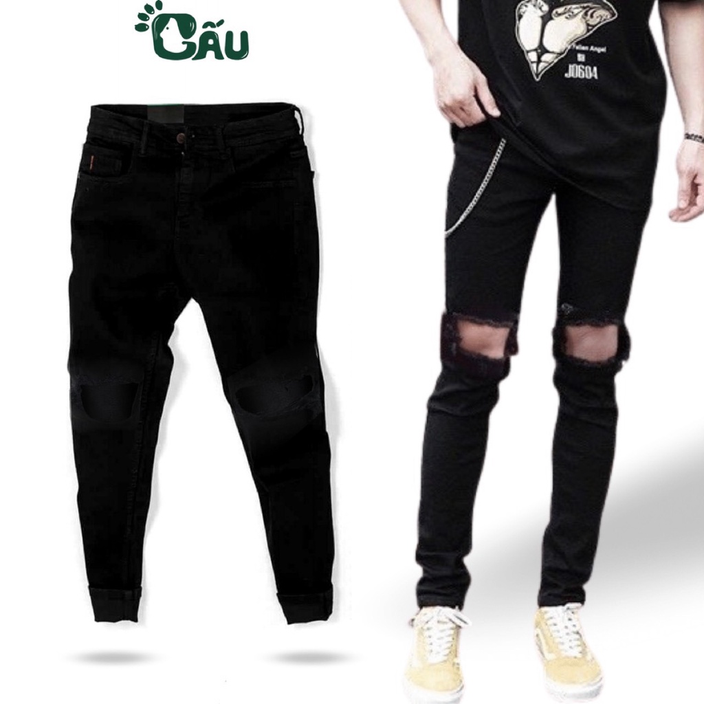 Quần jean nam đen Gấu 194 rách rộng vải jeans bò cotton duck cao cấp mềm mịn, co dãn - form slim fit [có Bigsize] - 02