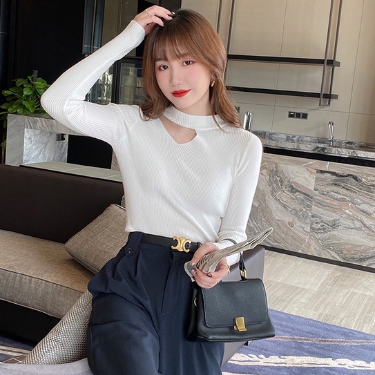 Áo len ZHELIHANGFEI dệt kim tay dài cổ cao thiết kế hở quyến rũ