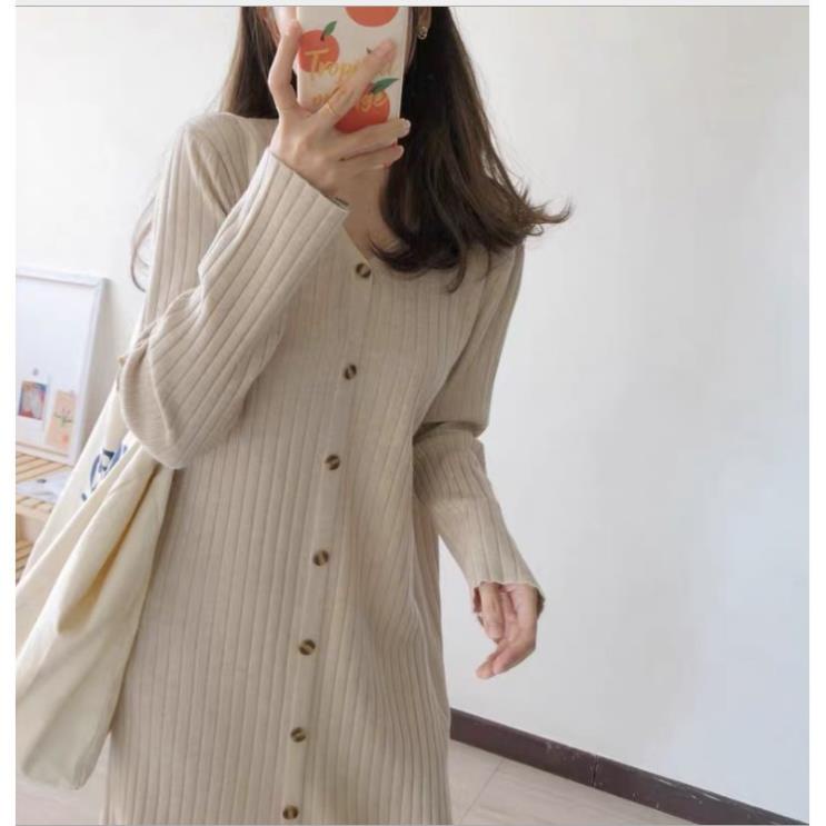 Giảm giá 12-12 Đầm nữ đẹp🍒FREESHIP🍒Váy len cúc thu đông dáng suông dài xinh xắn