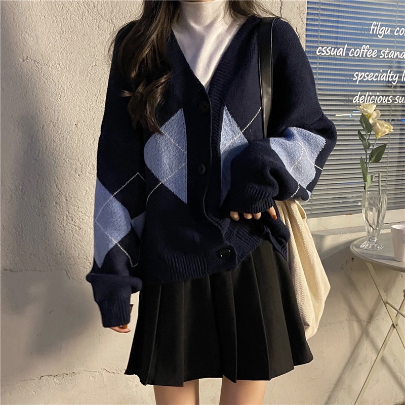 Áo khoác len cardigan, Cadigan nữ dầy, cảdigan họa tiết quả trám to hai màu be xanh than - shopbelinh