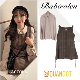 (ORDER- sẵn L) Váy yếm ba lỗ kẻ sọc nâu vintage MORAN xòe ngắn thắt nơ eo style mùa thu Hàn Quốc