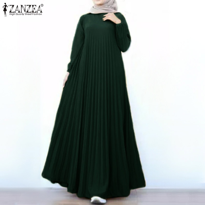 Áo đầm dài maxi ZANZEA cổ tròn xếp ly dáng rộng cơ bản phong cách Hồi giáo dành cho nữ