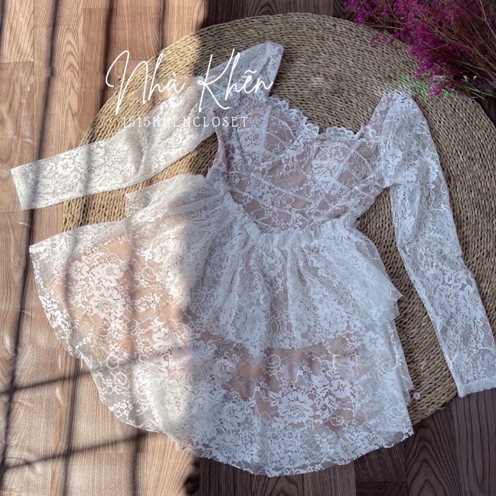 Váy ren nude 2 tầng xoè tay dài tiểu thư