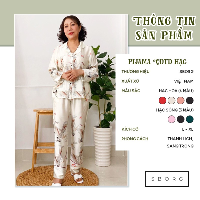 Đồ bộ trung niên SBORG bộ pijama lụa satin hạc sang trọng quần dài tay dài có túi 45-65kg quà tặng mẹ