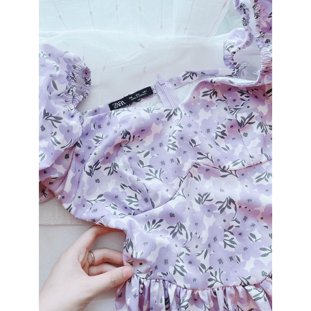 Váy tay bồng, váy hoa tím cổ U đủ size SML