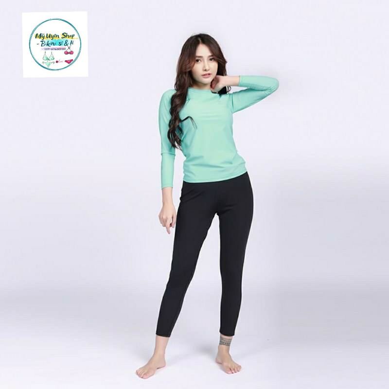 đồ bơi nữ bộ áo tay dài màu xanh sẵn mút ngực kèm quần dài đen cạp cao qua rốn free size 40 đến 60 ký