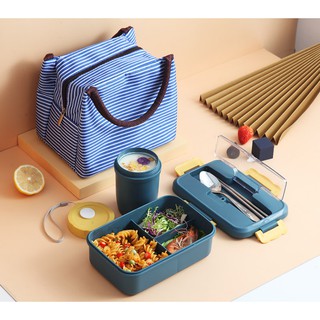 COMBO Hộp Cơm Văn Phòng 3 Ngăn Kèm Đũa Thìa Inox + Túi xách giữ nhiệt + Cốc đựng súp canh