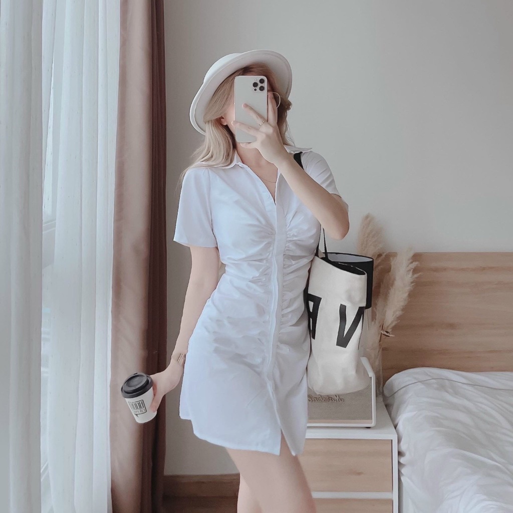 Đầm sơ mi nữ cộc tay nhúm ngực, váy ngắn dáng ôm body xinh đẹp
