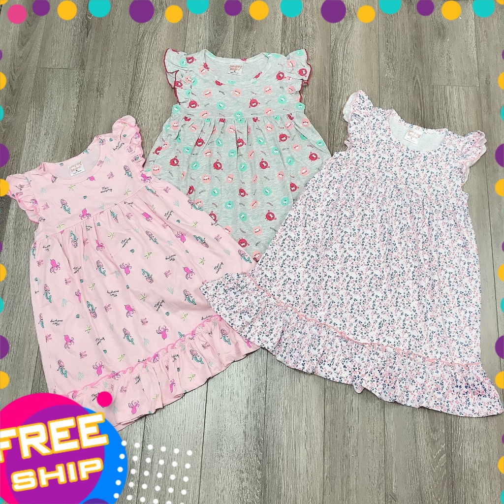 Đầm cotton bé gái 8-12 tuổi sát nách Junping beans tay cánh tiên in hình, Váy suông cho bé thấm hút mồ hôi