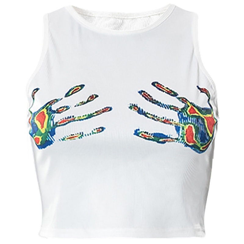 Brroa Áo Crop Top Dệt Kim Không Tay Có Gân In Hình Bàn Tay Phong Cách Harajuku Mùa Hè Cho Nữ