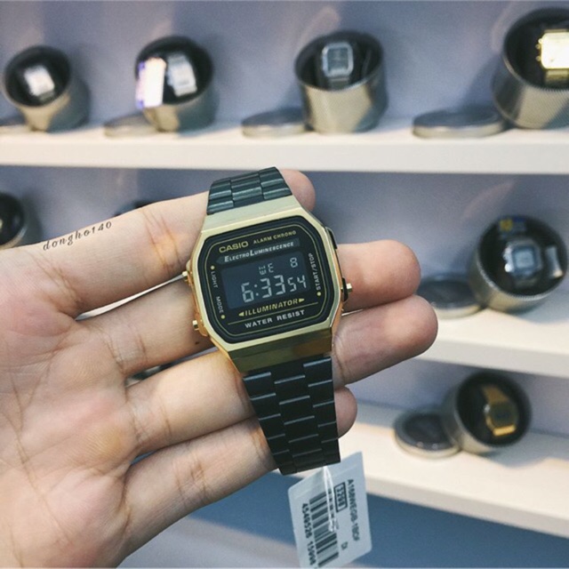 Đồng hồ nam nữ Kim loại Casio A168wegb vàng đen chính hãng
