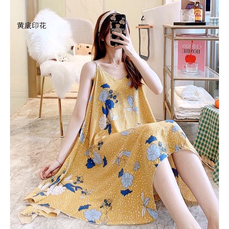 Váy ngủ Cotton lụa - lanh Quảng Châu hai dây giạ tiết trẻ trung, thời trang | BigBuy360 - bigbuy360.vn