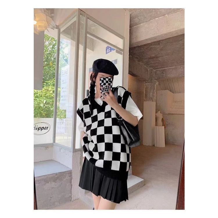 Áo len dệt kim không tay kẻ ô màu sắc cá tính | BigBuy360 - bigbuy360.vn