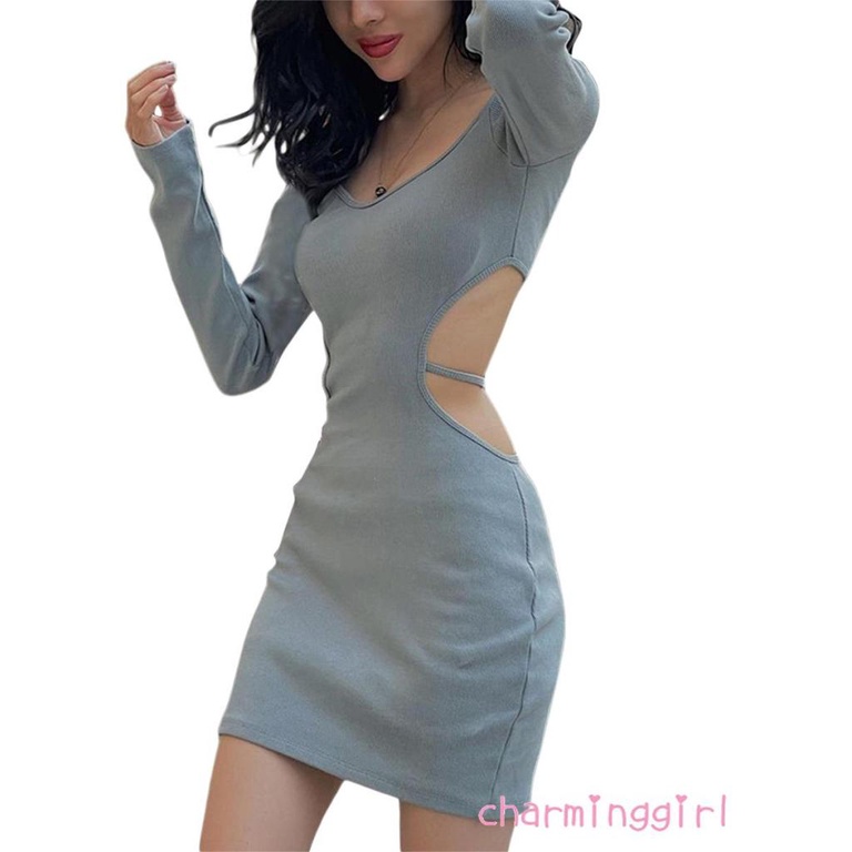 CHM-Women´s Short Bodycon Dress Solid Color Back Hollow-Out Long Sleeve Low-Cut Dress Spring Wrapped Hip Dress