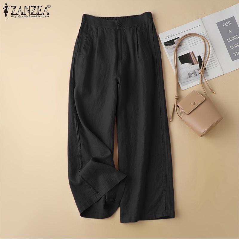 Quần ZANZEA ống rộng màu trơn có túi thời trang cá tính cho nữ