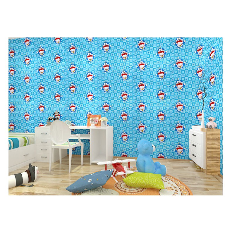 Giấy Dán Tường Đoremon Xanh Dương Chữ Khổ 45cm - giá bán 1 mét