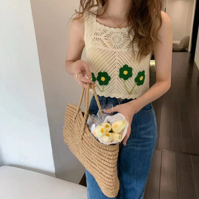 Áo Croptop Dệt Kim Không Tay Thêu Hoa Phong Cách Boho Dành Cho Nữ