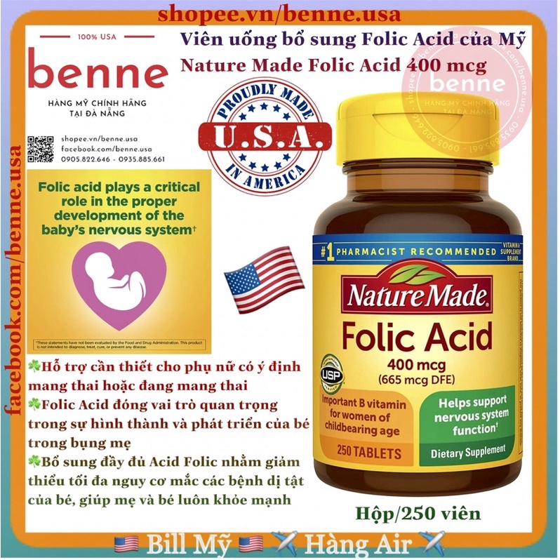 Viên uống Folic Acid 400mcg 250 viên Nature Made