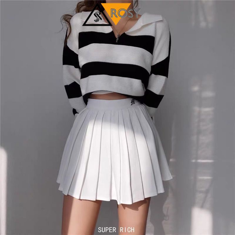 Chân váy tennis xếp ly thêu chữ bản nhỏ thêu chữ dáng ngắn xoè tiểu thư màu trắng đen dễ phối năng động thể thao