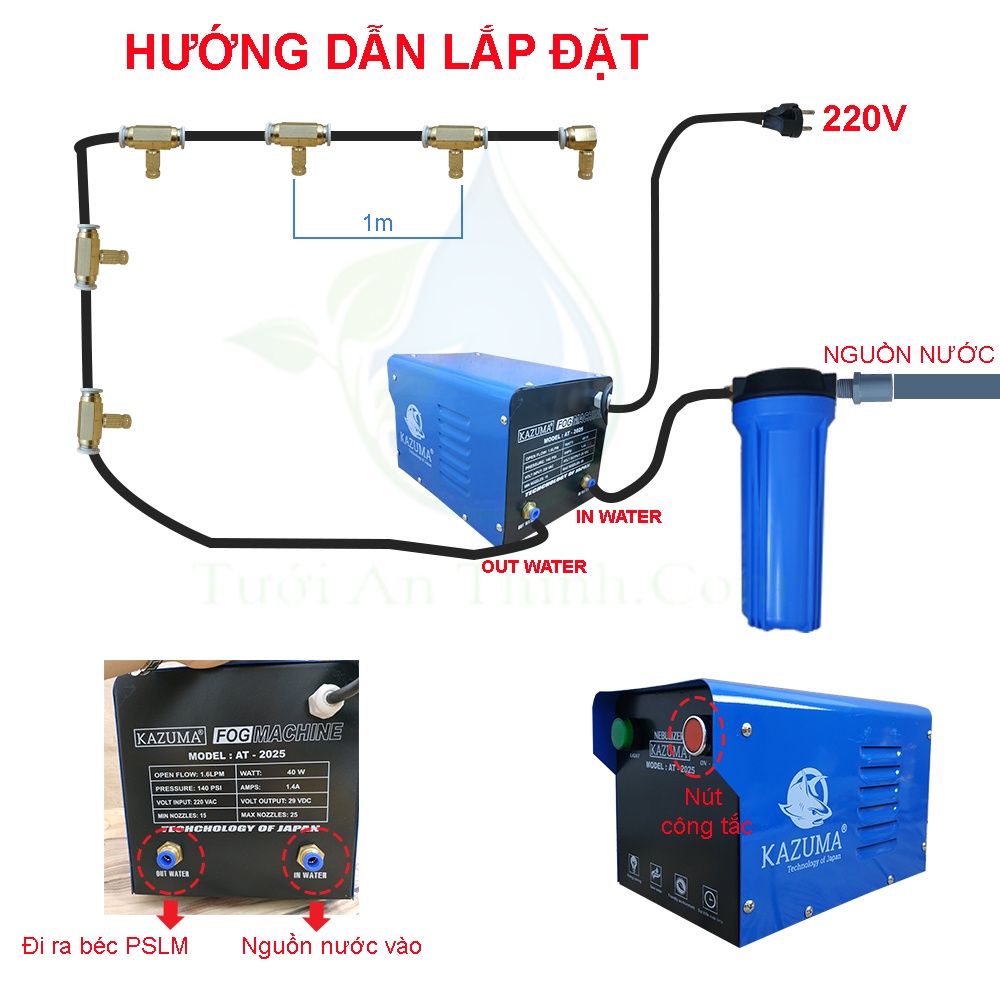 [CÔNG NGHỆ NHẬT BẢN] Máy phun sương làm mát, cấp ẩm ngoài trời, nhà nấm KAZUMA AT-2025