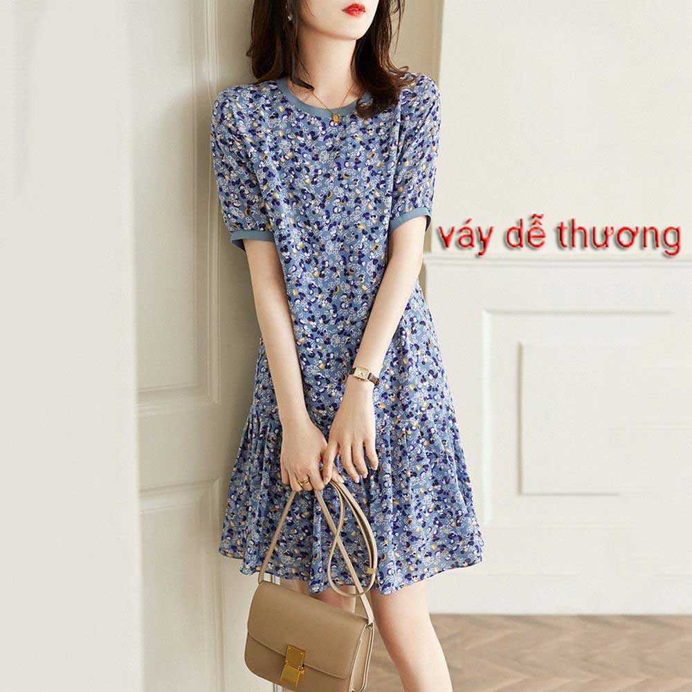 Đầm Chữ A Tay Ngắn Họa Tiết Hoa Phong Cách Pháp Cổ Điển Dành Cho Nữ Váy dễ thương