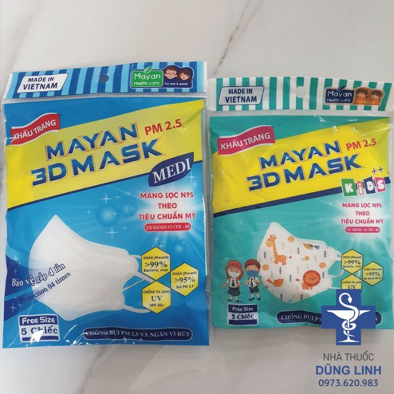 Khẩu trang Mayan 3D mask Medi cao cấp của trẻ em (kids) và người lớn gói 5 cái màng lọc n95 tái sử dụng nhiều lần