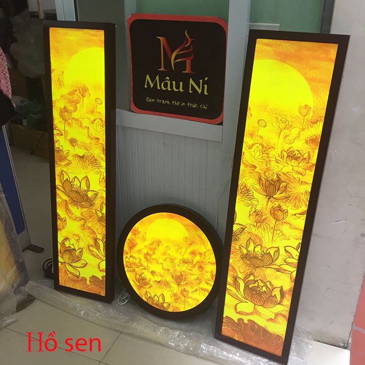 Tranh trúc chỉ in MÂU NI 198, Combo Sen đài: 2 vách 30x120cm + đèn tròn 50cm