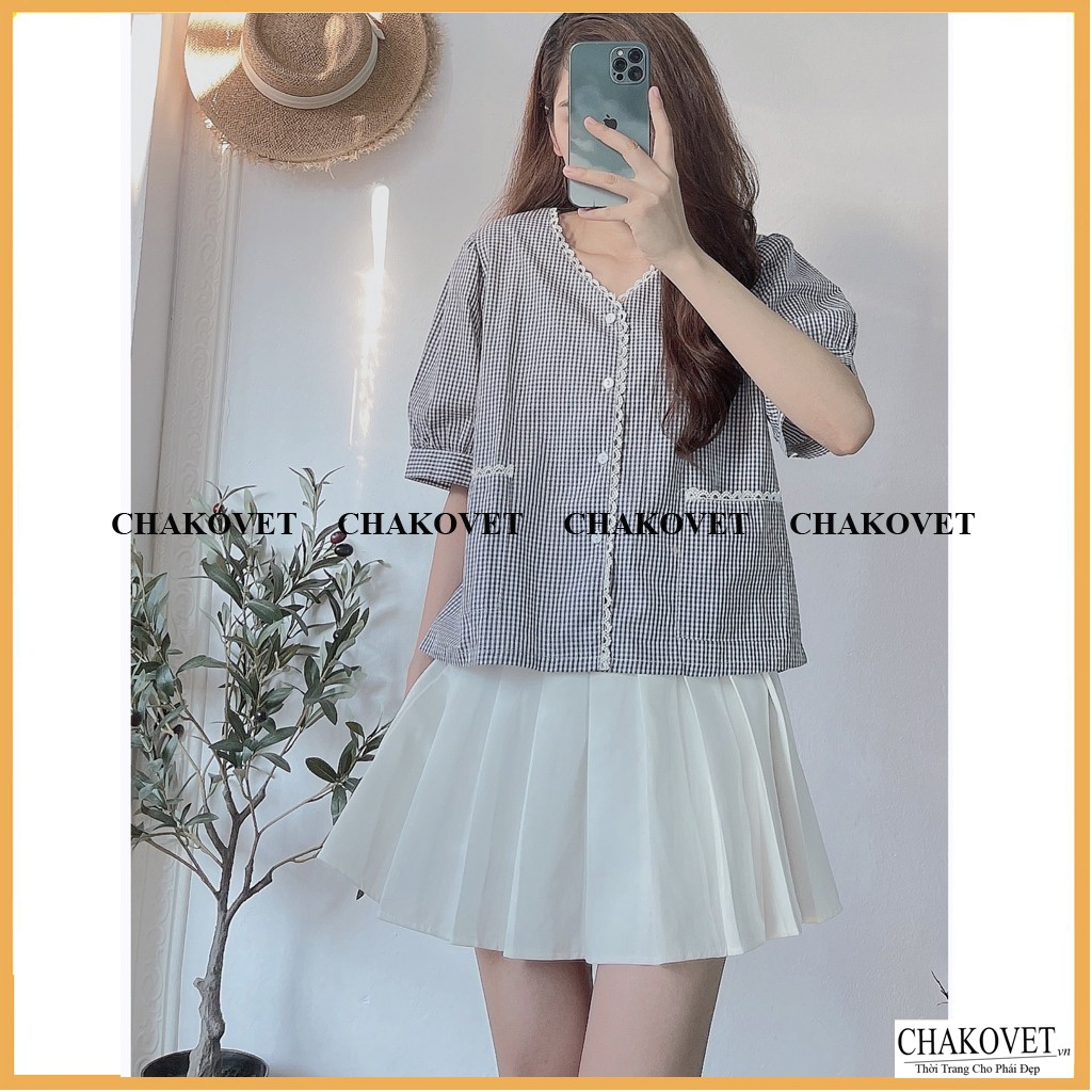 Áo sơ mi nữ ngắn tay đẹp kiểu kẻ CKA867, áo kiểu nữ cổ V viền ren 2 túi phong cách mới kiểu dáng hàn quốc Retro freesize