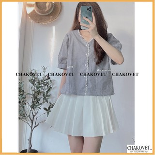 Áo sơ mi nữ ngắn tay đẹp kiểu kẻ CKA867, áo kiểu nữ cổ V viền ren 2 túi phong cách mới kiểu dáng hàn quốc Retro freesize