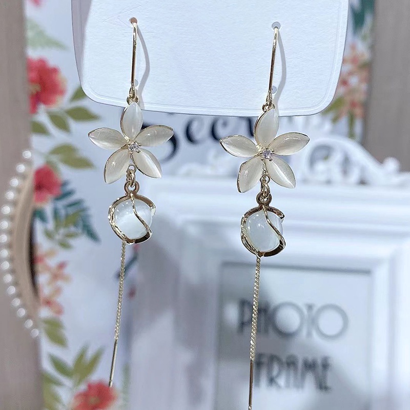 Bông Tai Dáng Dài Đính Đá Opal Hình Hoa Đơn Giản Thời Trang Cho Nữ PD802