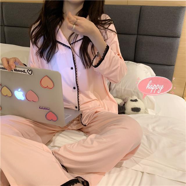 Bộ Đồ Ngủ Tay Dài Phối Ren Phong Cách Nhật Hàn Dễ Thương Dành Cho Nữ | BigBuy360 - bigbuy360.vn