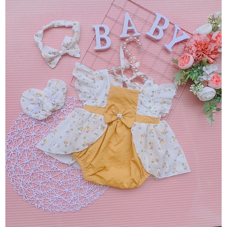 Body cho bé gái sơ sinh Màu vàng phối hoa nhí Size 4 đến 13kg Kèm băng đô nơ và giày vải Nina Kids Boutique