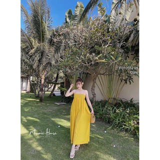 Đầm maxi dáng suông chun ngực đính nút bọc 2 dây!