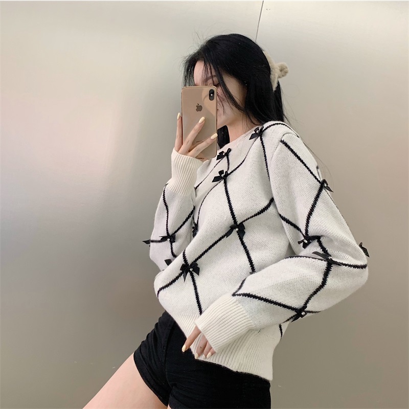 Áo len dáng rộng đính nơ, áo len nơ cổ tròn hàng Quảng Châu