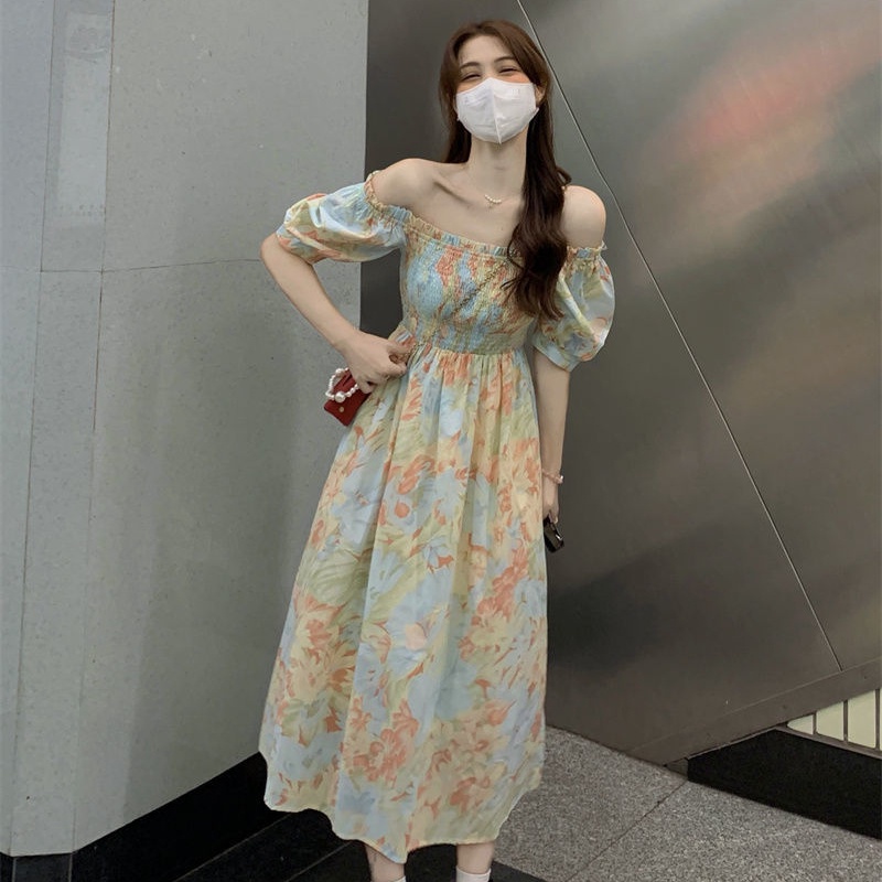 Đầm Perty tay phồng cổ vuông họa tiết hoa phong cách Hàn Quốc thời trang cho nữ
