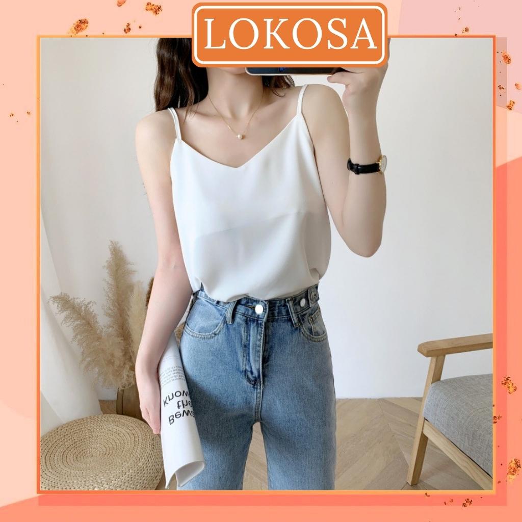 Áo 2 Dây Lụa LOKOSA Áo kiểu 2 dây nữ thiết kế ngắn trơn nhiều màu, trắng đen Hàn Quốc AOE3