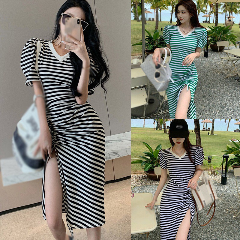 Đầm Tay Phồng Phối Dây Rút Họa Tiết Kẻ Sọc Phong Cách Retro Pháp Cho Nữ