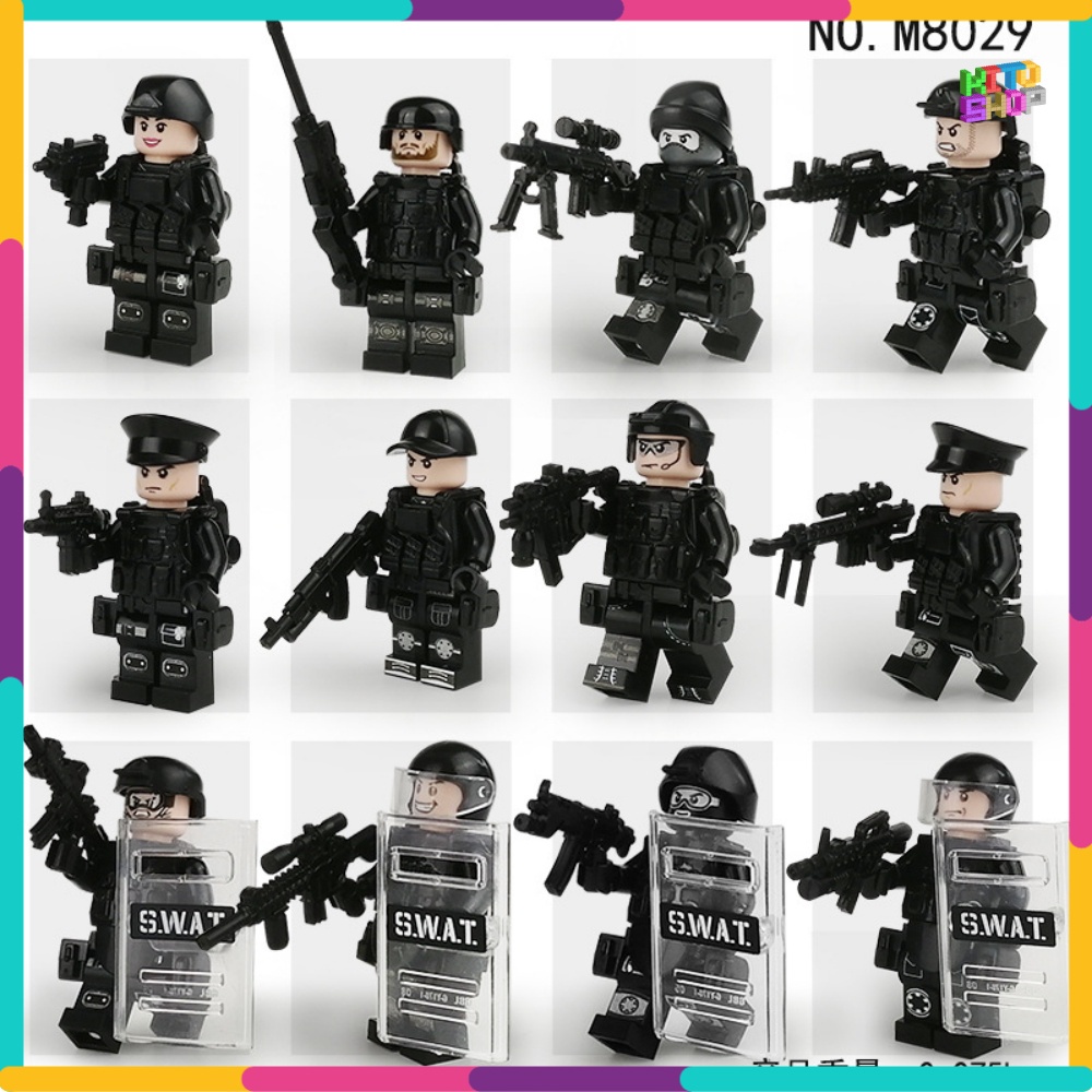 Đồ Chơi Xếp Hình Lắp Ráp Minifigures Cảnh Sát Swat Combo 12 Lính Kèm Trang Bị Lá Chắn Áo Giáp M8029