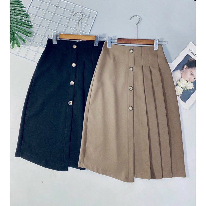 Chân váy xếp ly phối 4 cúc, chân váy a xếp ly dài m86