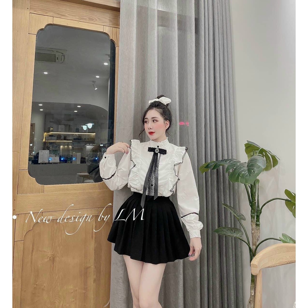 áo sơ mi tay bồng cổ nơ viền bèo kaca shop