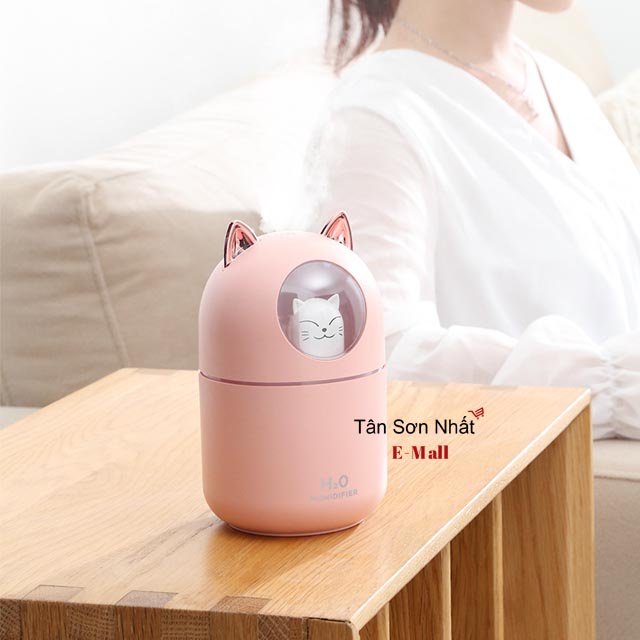 Máy Tạo Ẩm Không Khí Xông Tinh Dầu HUMIDIFIER Hình Mèo Dễ Thương, Sử Dụng Đầu Sạc USB, Dung Tích 300ml có đèn nhiều màu