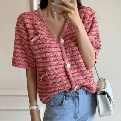 Áo khoác cardigan dệt kim màu hồng thời trang phong cách hàn quốc cho nữ