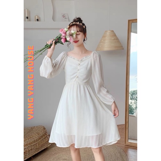 Váy babydoll dáng dài trắng tay bồng 3 khuy ngực, đầm nữ dự tiệc dáng xòe babydoll Yang Yang
